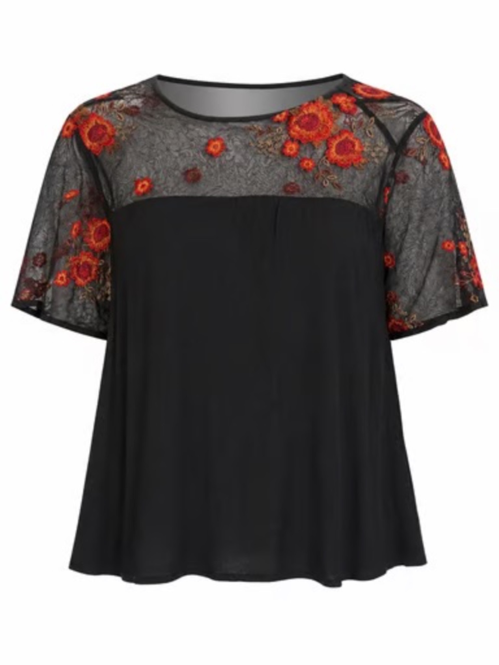 Kim & Cami Black Floral Mesh Embroidered Flutter Sleeve Swing Top Large